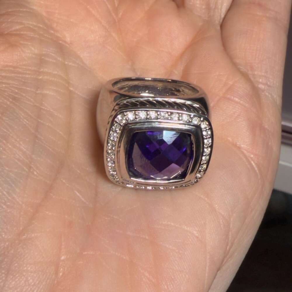 Purple Faceted Stone Silver Tone Ring CZ Halo Size 7 - Picture 6 of 6